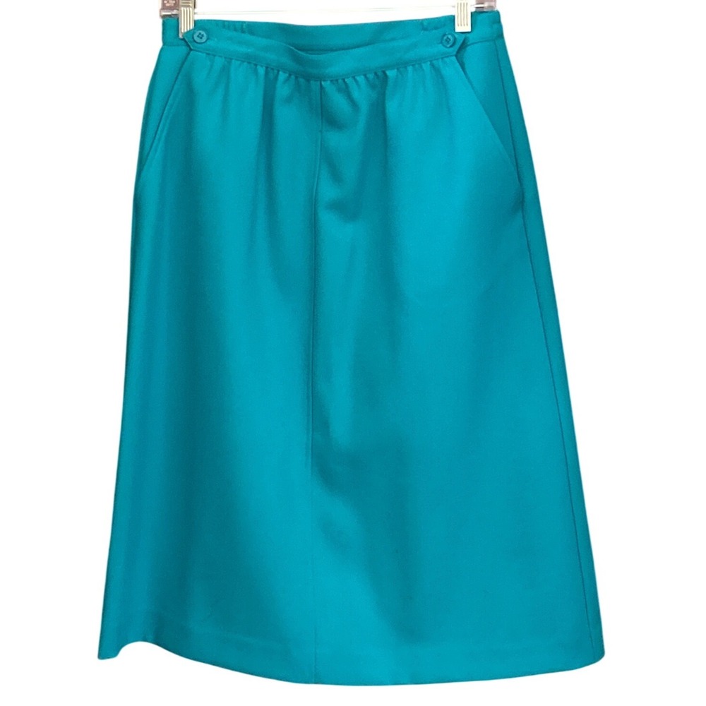Vintage Personal Petites Teal Blue Midi Skirt A-Line Pockets Union Made Size 12P